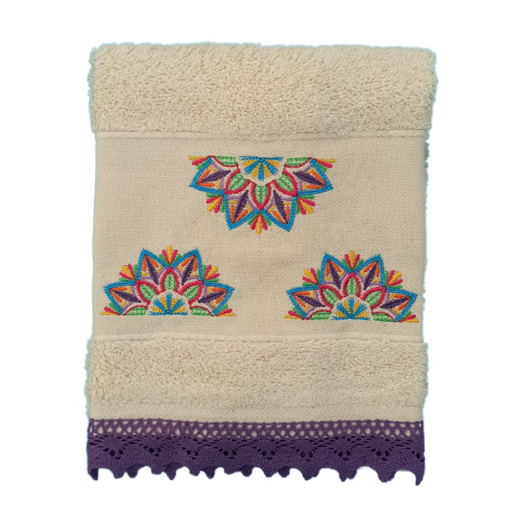 Cream Kitchen Hand Towel Mandala with Lace Strip in Lilac Color