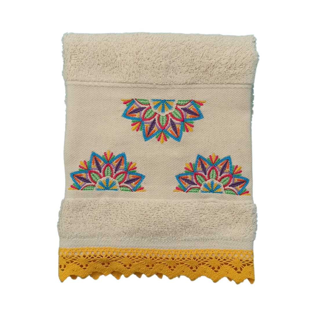 Cream Kitchen Hand Towel Mandala with Lace Strip in Yellow Color