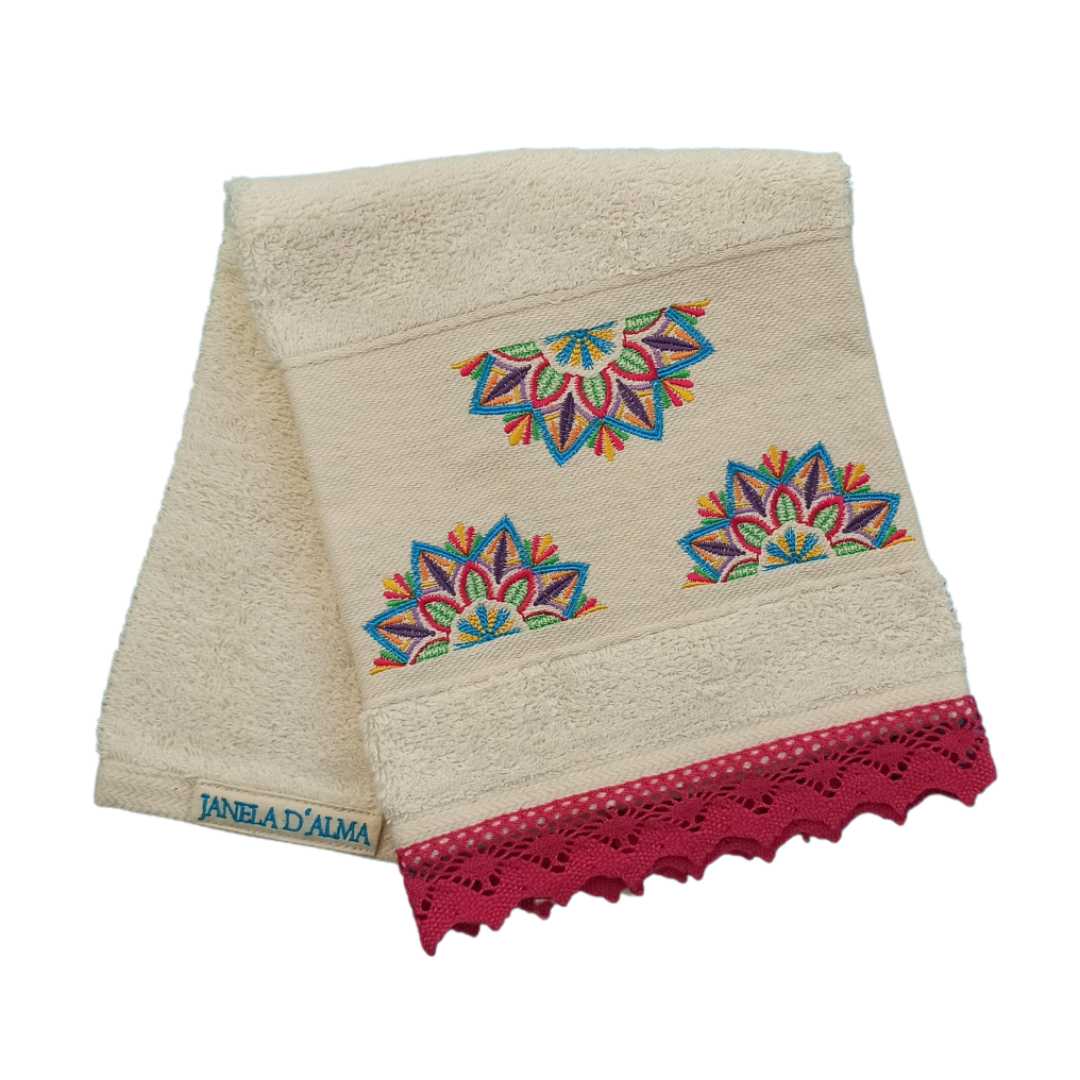 Cream Kitchen Hand Towel Mandala with Lace Strip in Bright Pink Color 2