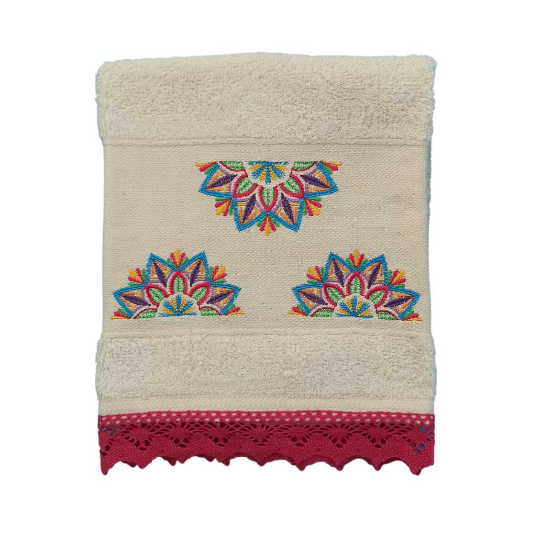 Cream Kitchen Hand Towel Mandala with Lace Strip in Bright Pink Color