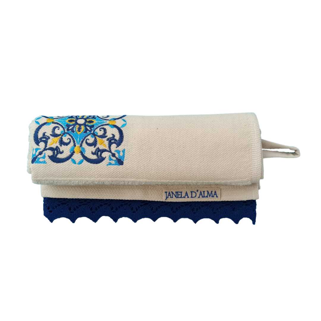 Cream Kitchen Hand Towel Tile with Lace Strip in Dark Blue Color - Ring to Hang