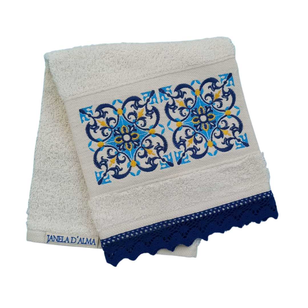 Cream Kitchen Hand Towel Tile with Lace Strip in Dark Blue Color 2