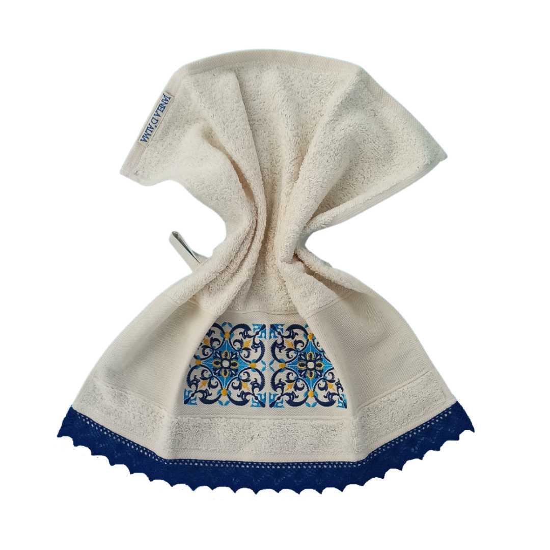 Cream Kitchen Hand Towel Tile with Lace Strip in Dark Blue Color 3