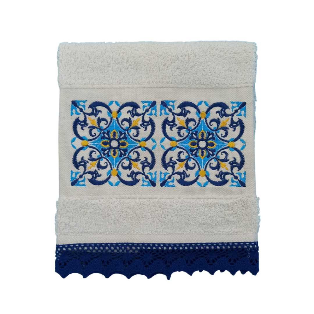 Cream Kitchen Hand Towel Tile with Lace Strip in Dark Blue Color