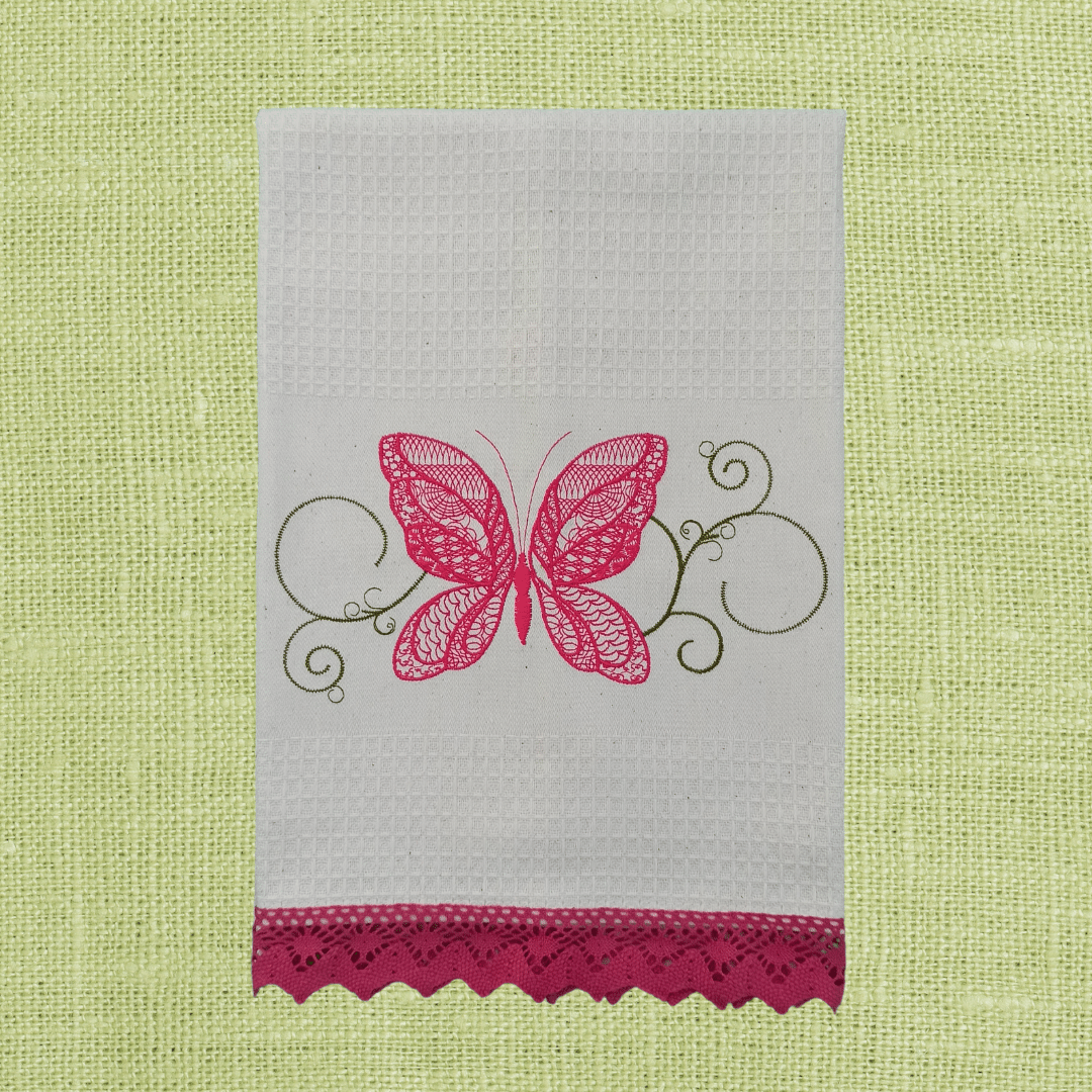 Cream Kitchen Tea Towel Butterfly with Lace Strip in Bright Pink Color Color