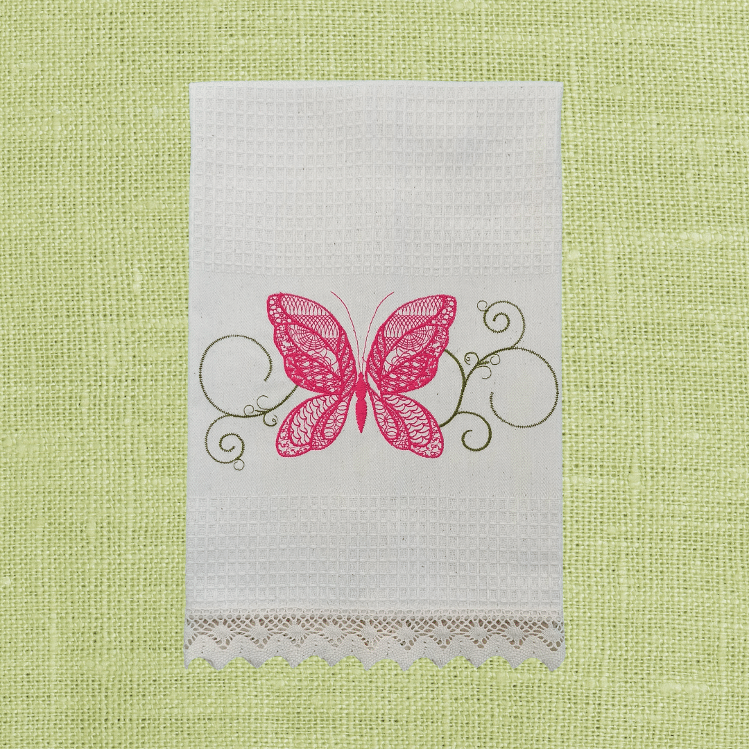 Cream Kitchen Tea Towel Butterfly with Lace Strip in Cream Color