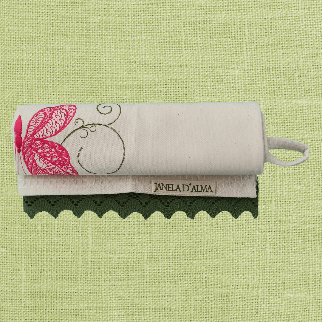 Cream Kitchen Tea Towel Butterfly with Lace Strip - Ring To Hang