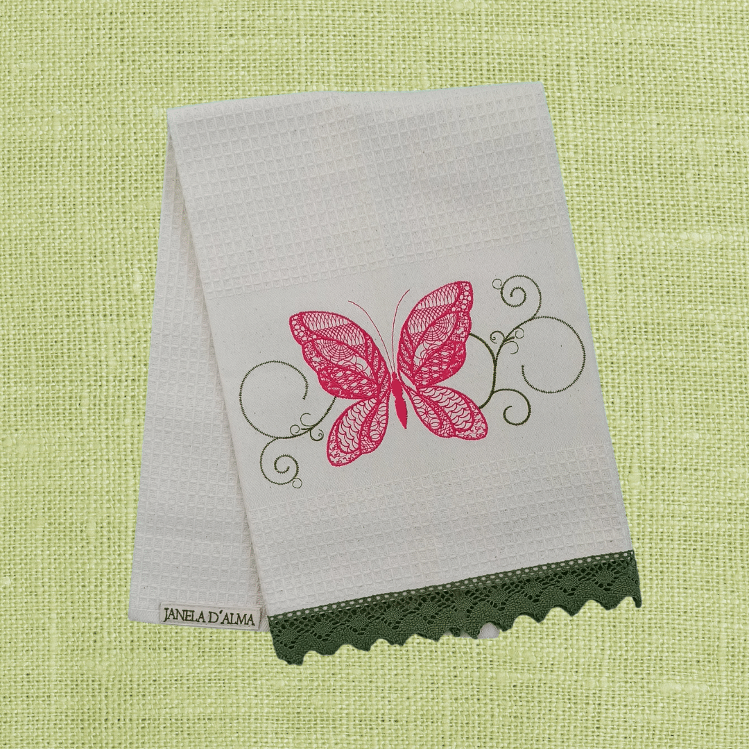 Cream Kitchen Tea Towel Butterfly with Lace Strip in Dark Green Color 2