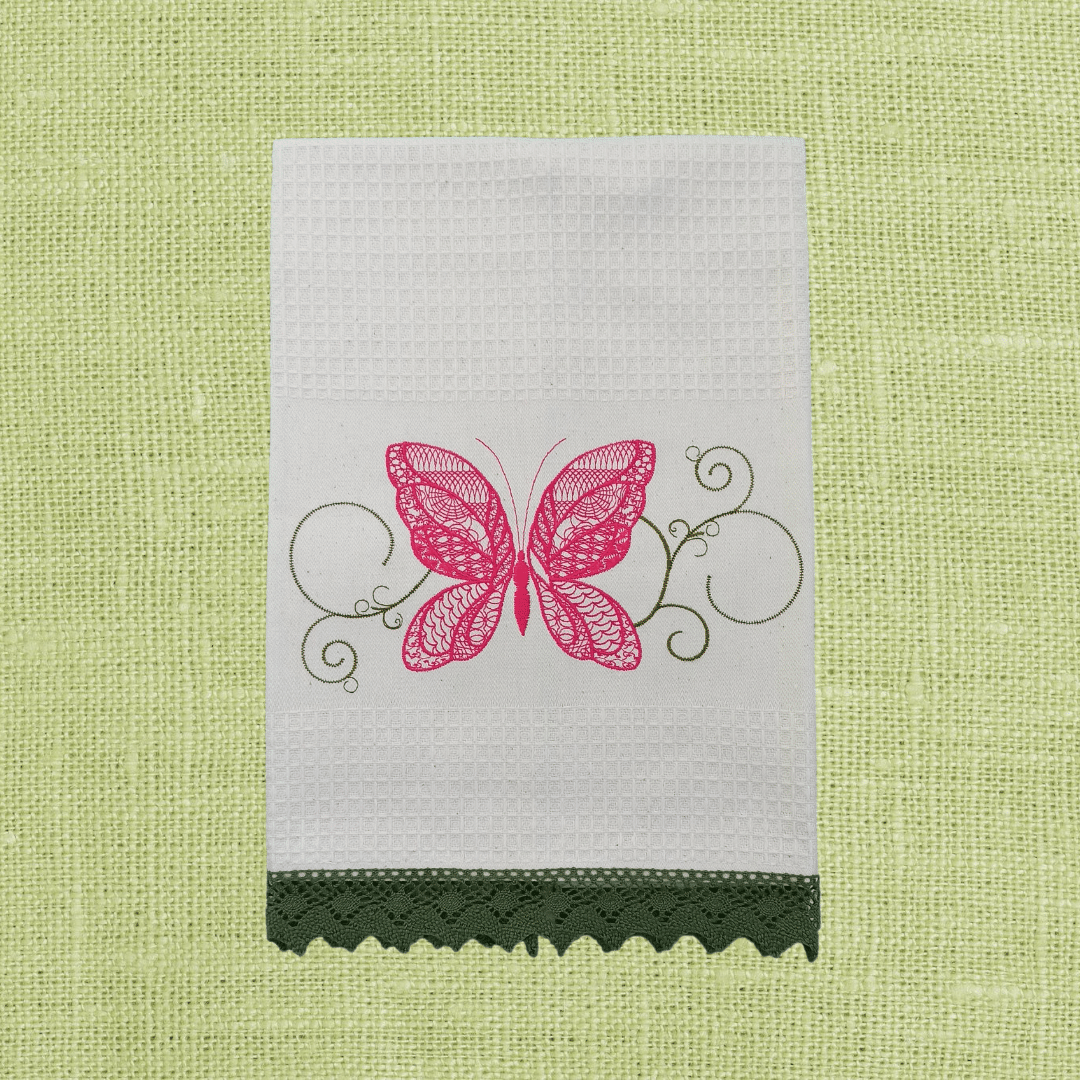 Cream Kitchen Tea Towel Butterfly with Lace Strip in Dark Green Color