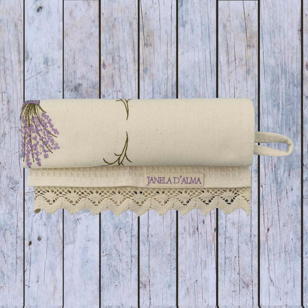 Cream Kitchen Tea Towel Lavander with Lace Strip - Ring To Hang