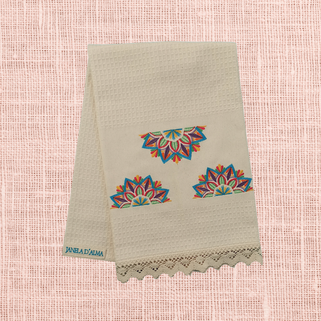 Cream Kitchen Tea Towel Mandala with Lace Strip in Cream Color 2