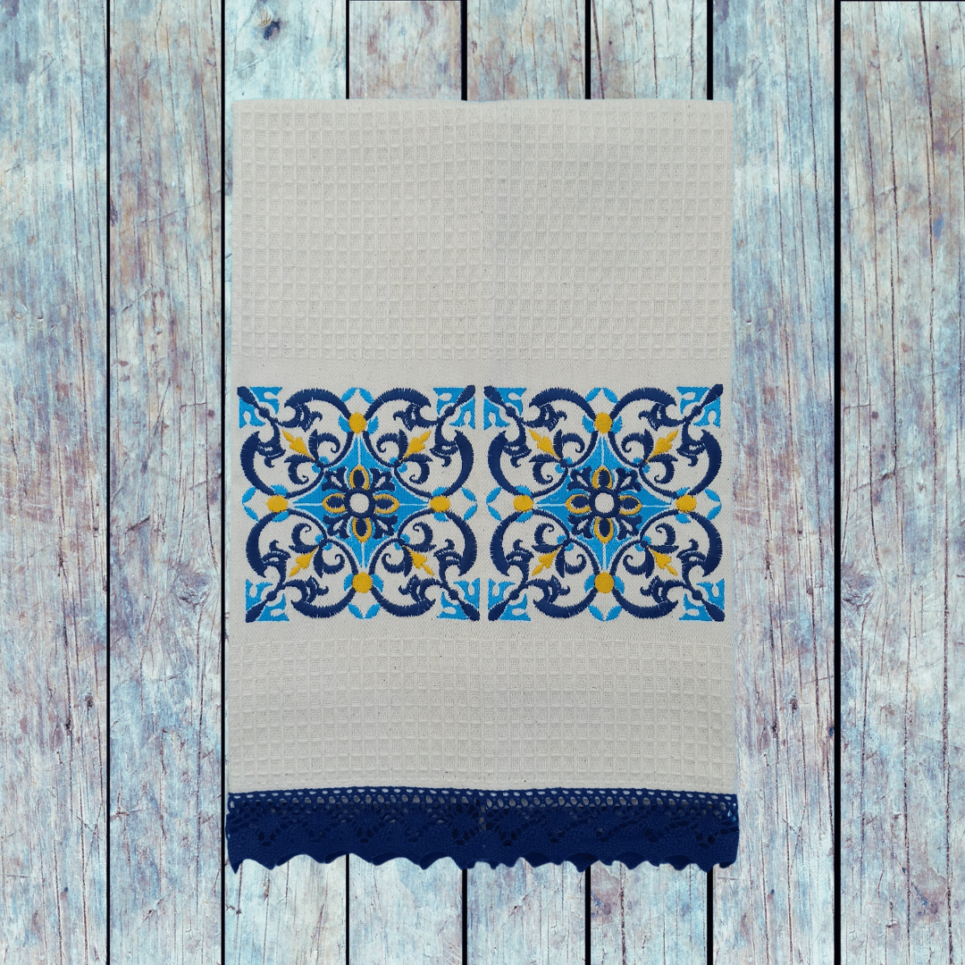 Cream Kitchen Tea Towel Tile with Lace Strip in Dark Blue Color