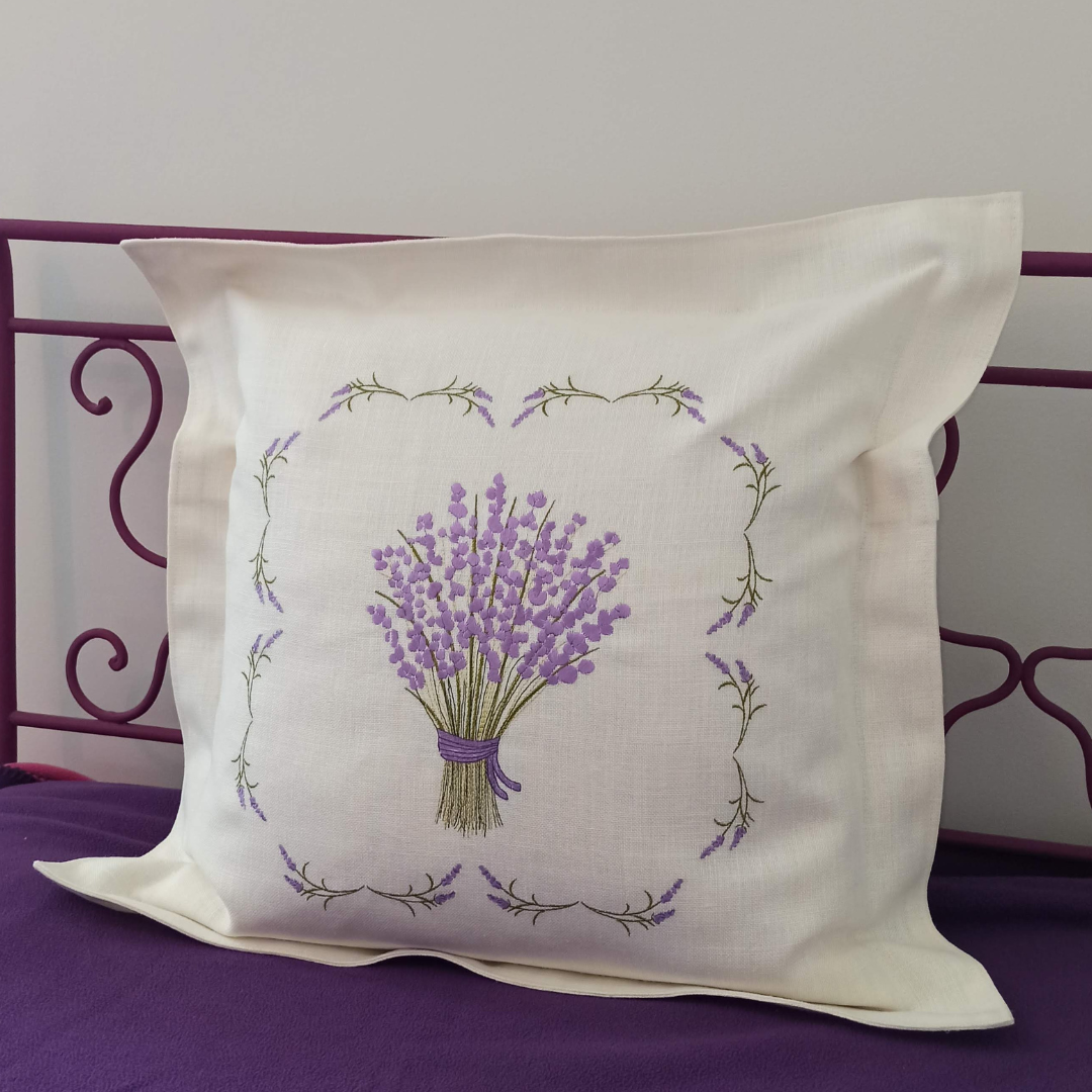 Linen Cushion Cover Lavander on the bed