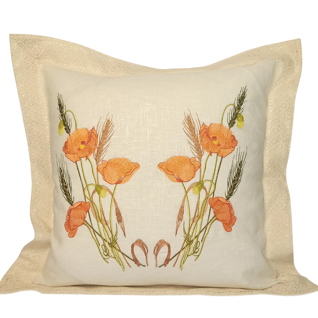 Linen Cushion Cover Orange Poppy with Lace Strip - Front Image
