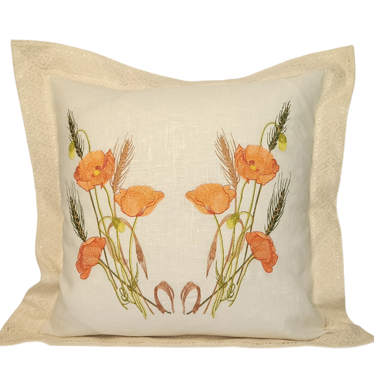 Linen Cushion Cover Orange Poppy with Lace Strip - Front Image