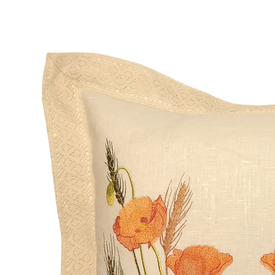 Linen Cushion Cover Orange Poppy with Lace Strip - Front Image Details