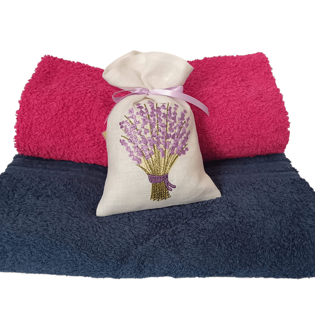 Linen Fragrance Sachet Lavander on top of two terry towels, as a form of example of how to use.