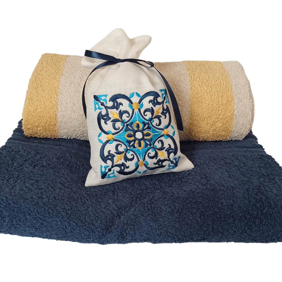 Linen Fragrance Sachet Tile on top of two terry towels, as a form of example of how to use.