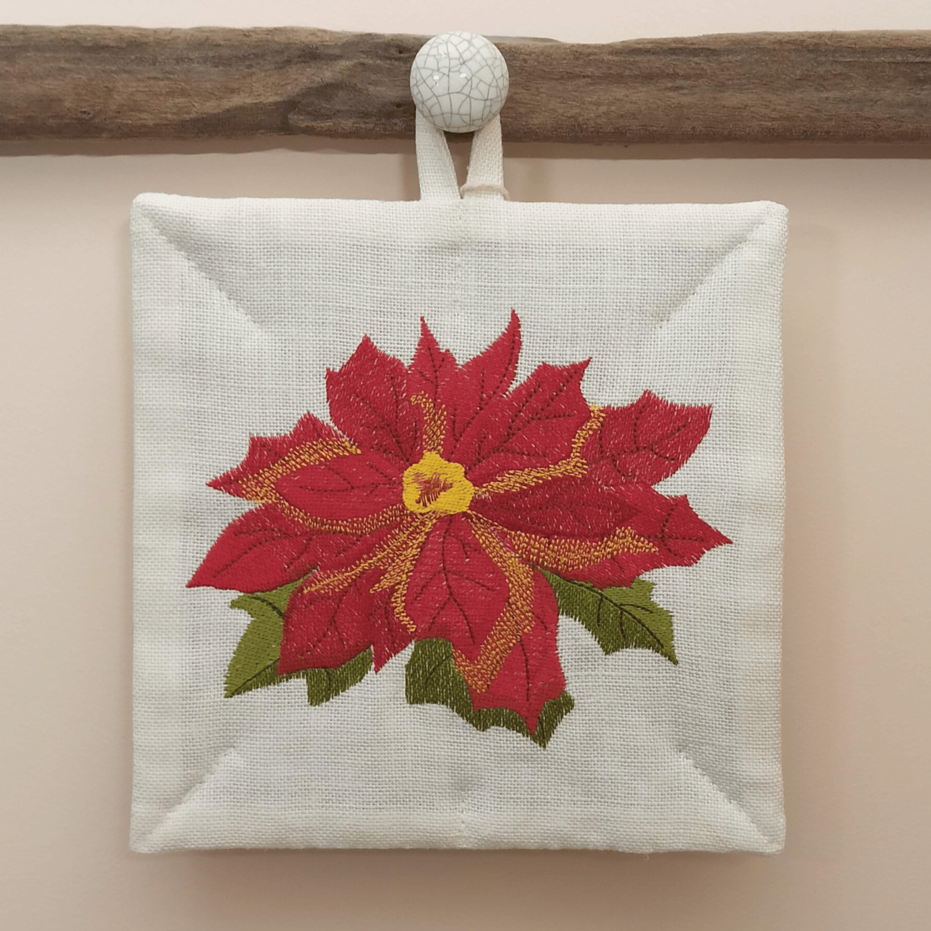 Linen Potholder Christmas Flower - Front Image