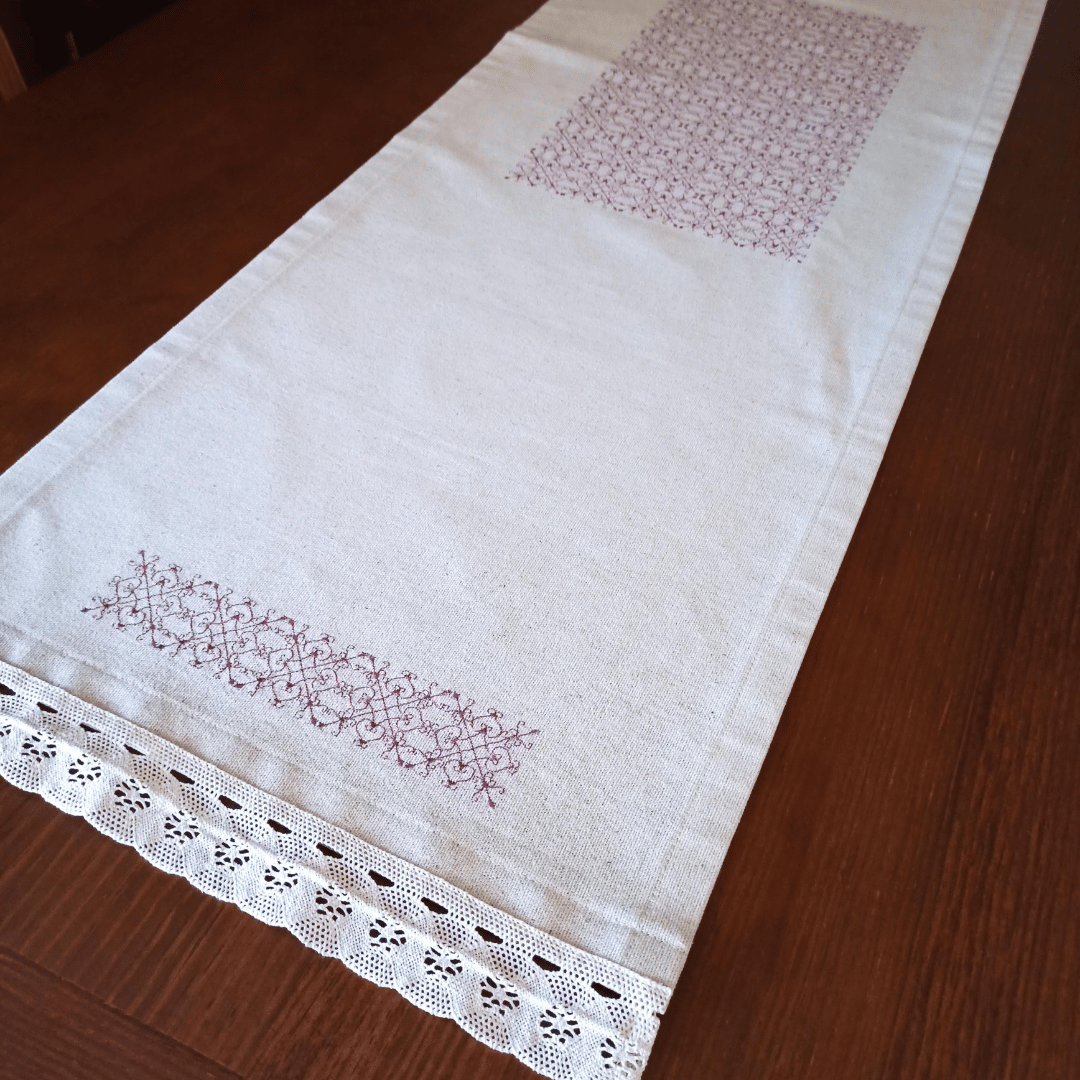 Linen Table Runner - Portuguese Lace - 158cm x 45cm - table runner on a table