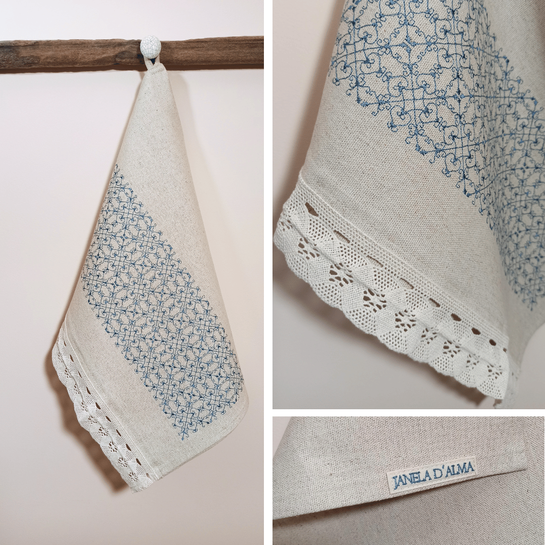 Linen Tea Towel Portuguese Lace - Embroidery in blue color