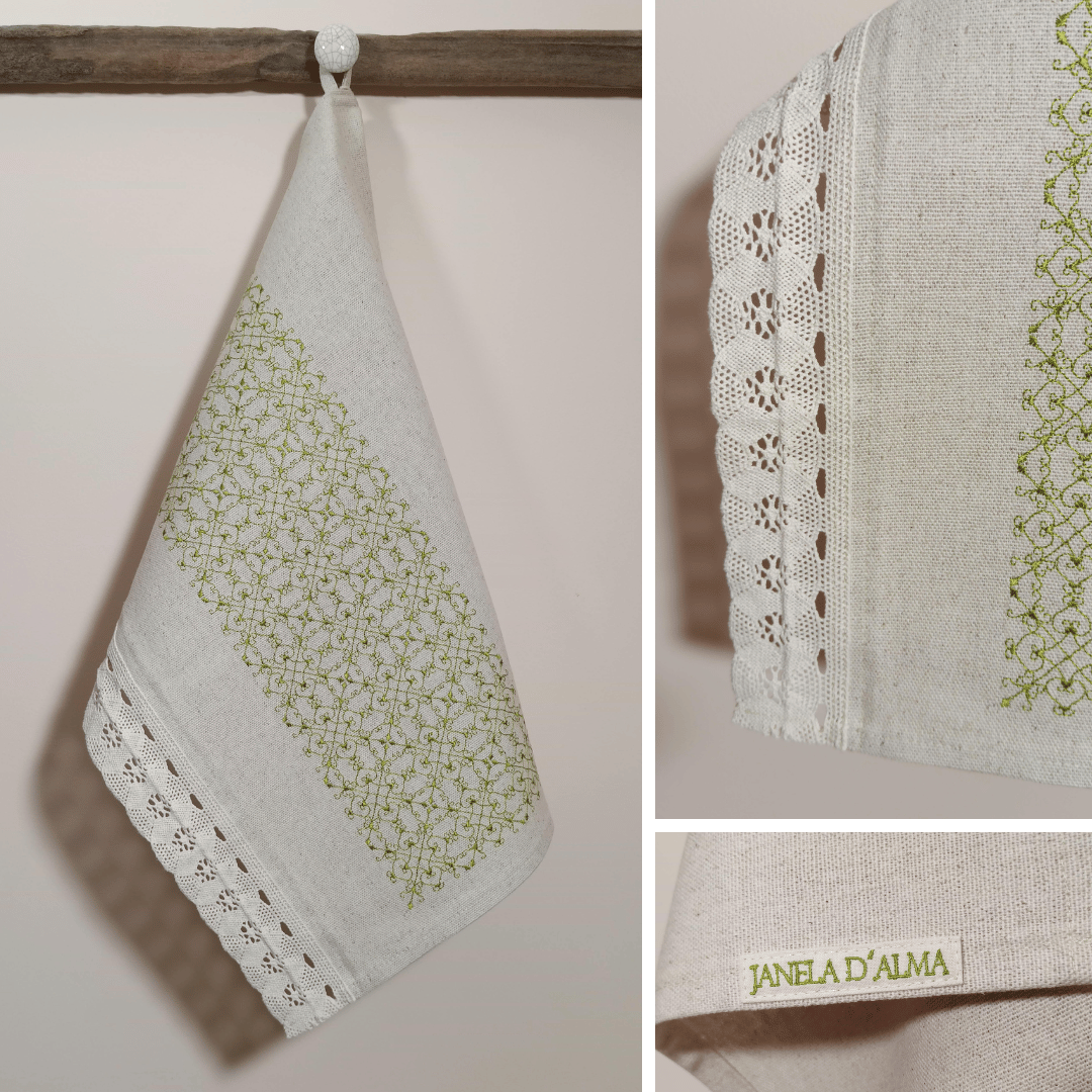 Linen Tea Towel Portuguese Lace - Embroidery in green color