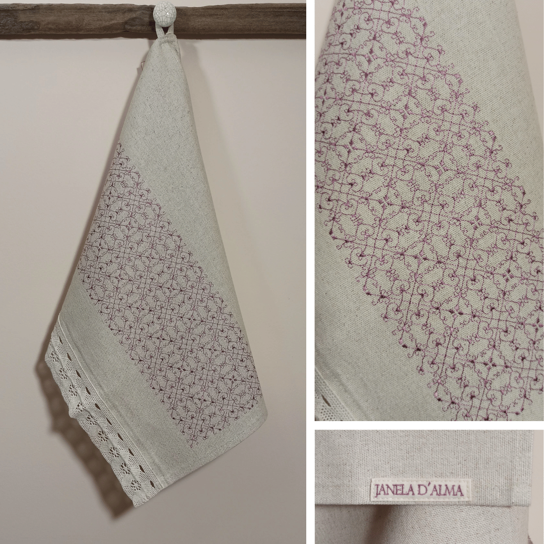 Linen Tea Towel Portuguese Lace - Embroidery in old rose color