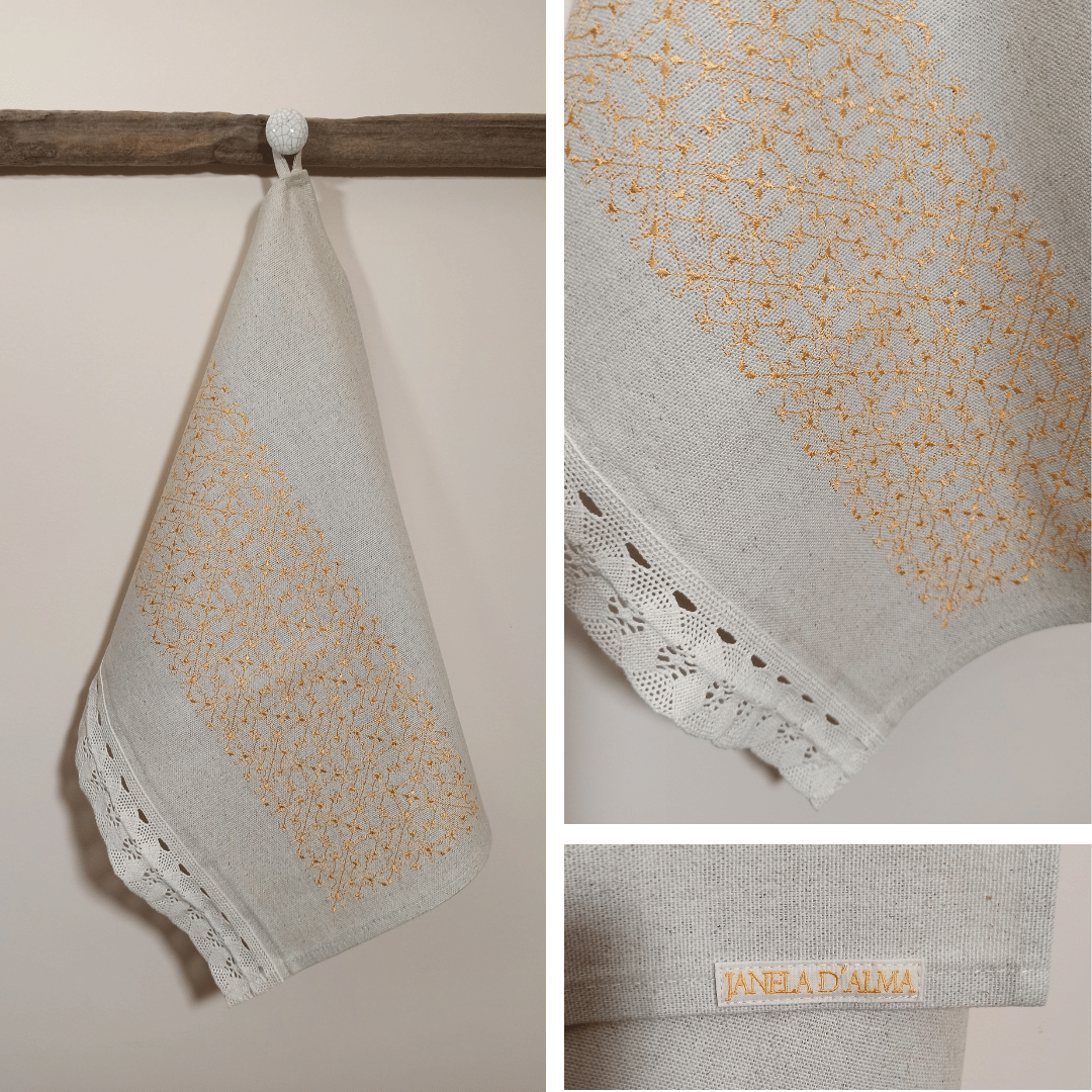 Linen Tea Towel Portuguese Lace - Embroidery in orange color