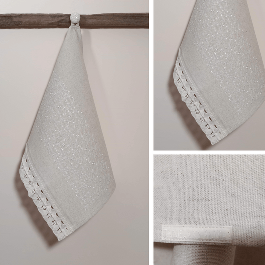 Linen Tea Towel Portuguese Lace - Embroidery in white color