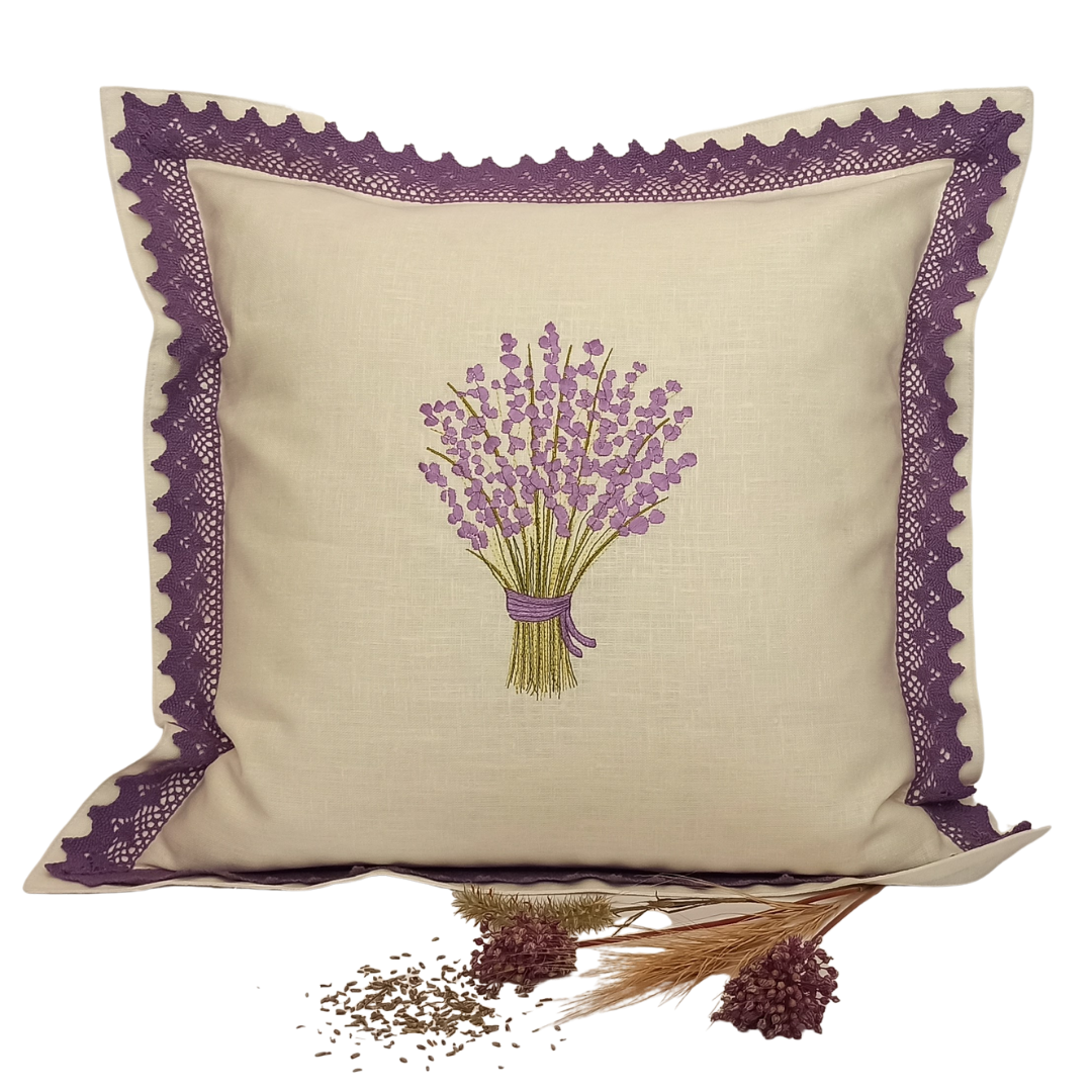 Linen Cushion Cover Lavander with Lace Strip - Front Image
