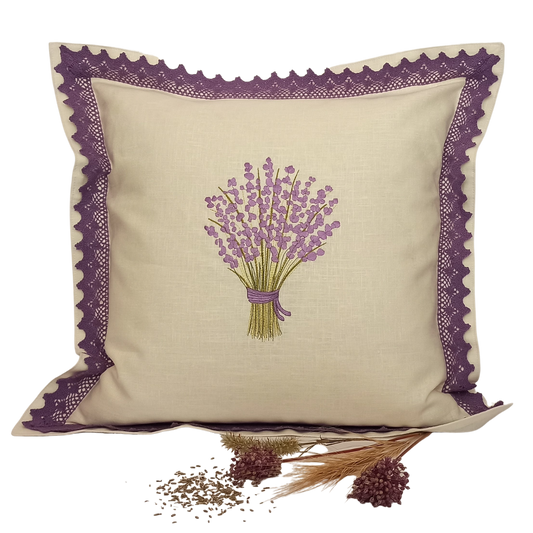 Linen Cushion Cover Lavander with Lace Strip - Front Image
