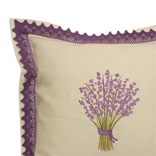 Linen Cushion Cover Lavander with Lace Strip - Front Image Details
