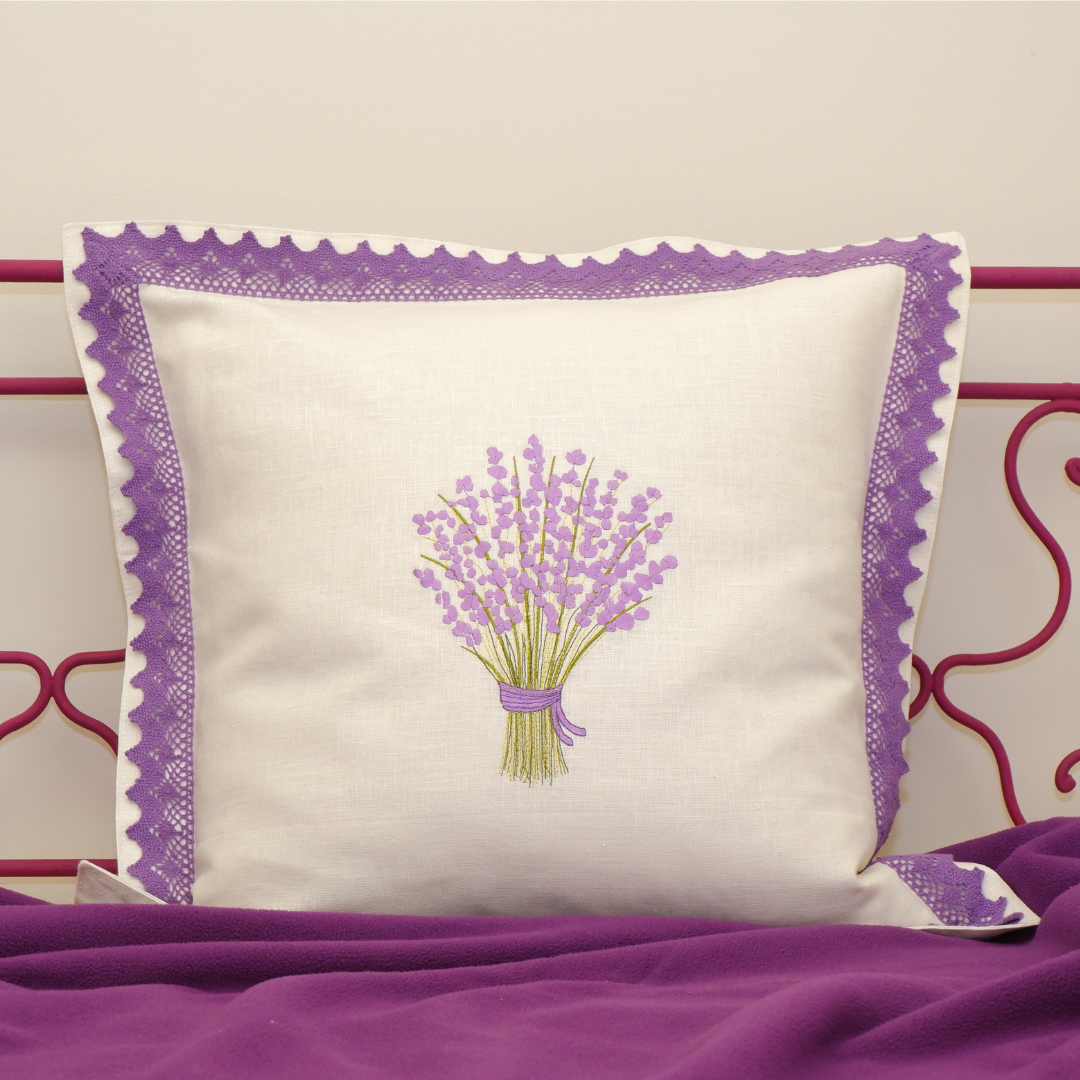 Linen Cushion Cover Lavander with Lace Strip on the bed