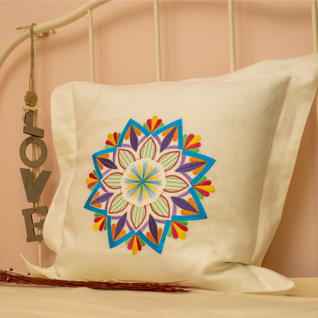 Linen Cushion Cover Mandala on the bed
