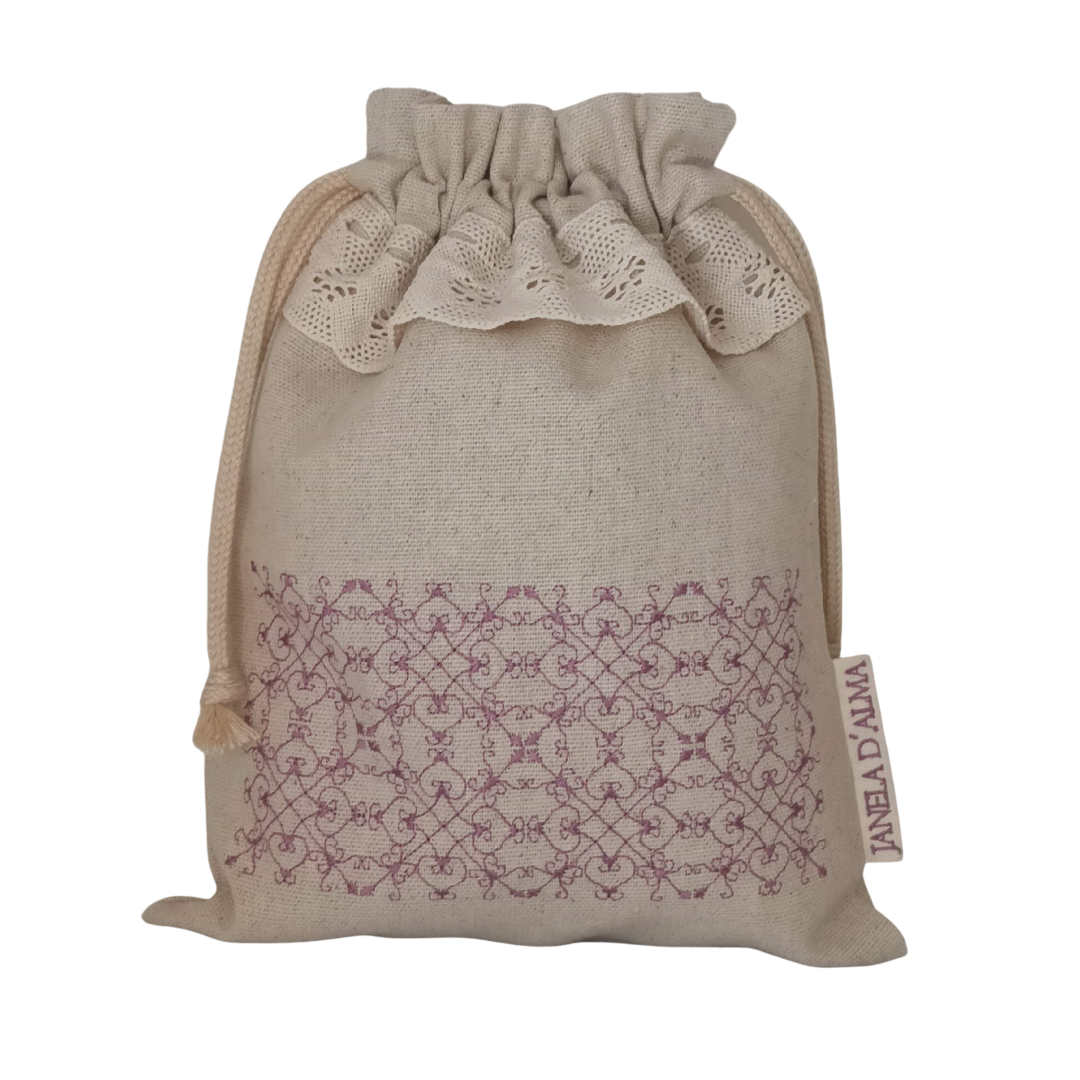 Medium Linen Bag Portuguese Lace - Old Pink - 32cm x 25cm