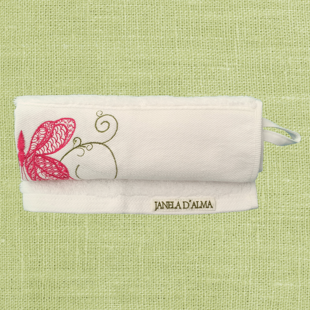 White Kitchen Hand Towel Butterfly - Ring to Hang