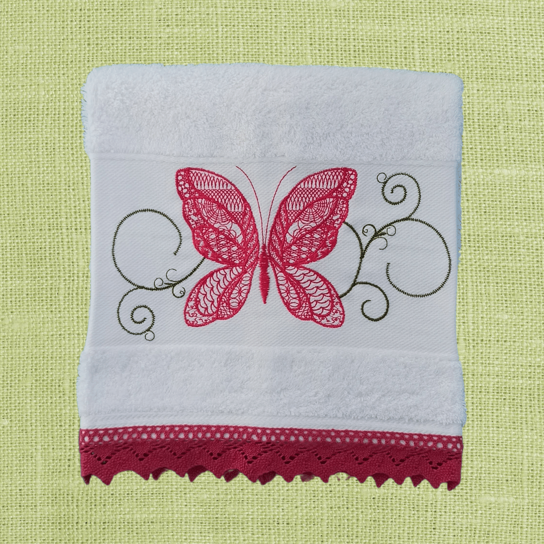 White Kitchen Hand Towel Butterfly with Lace Strip in Bright Pink Color