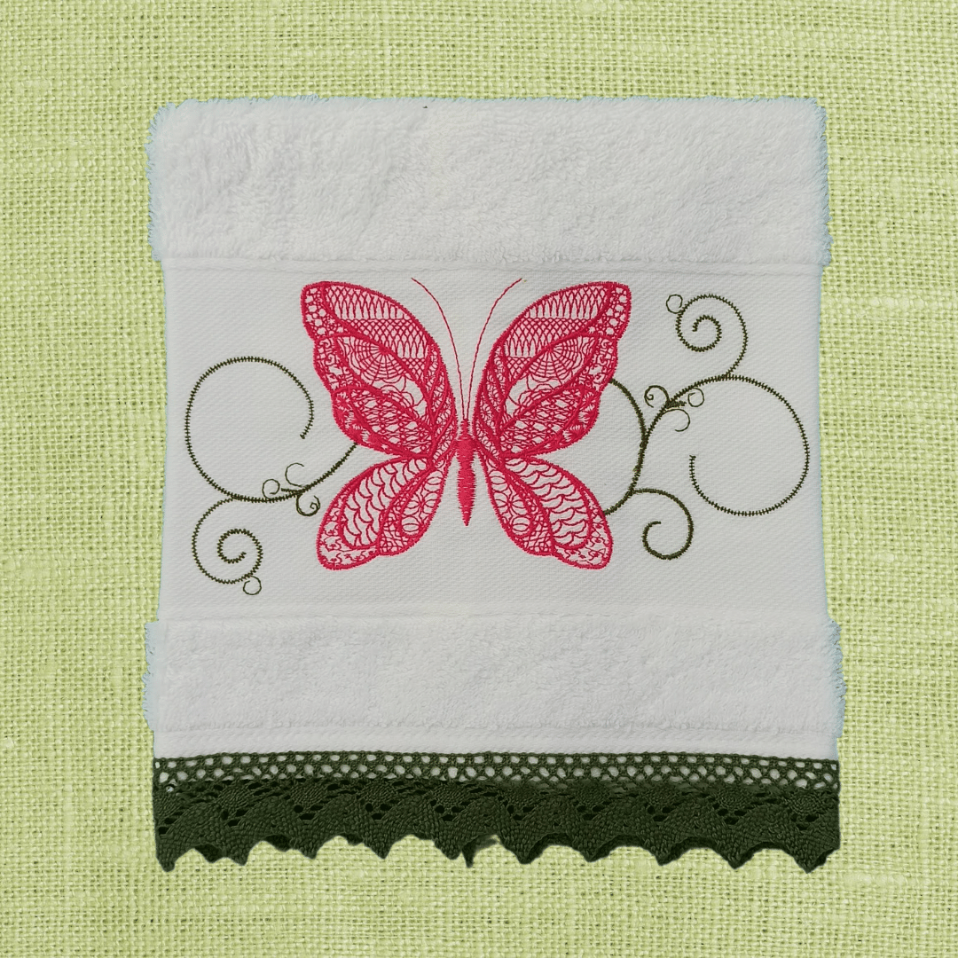 White Kitchen Hand Towel Butterfly with Lace Strip in Green Color