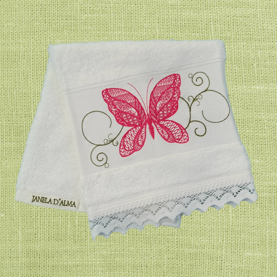 White Kitchen Hand Towel Butterfly with Lace Strip in White Color 2