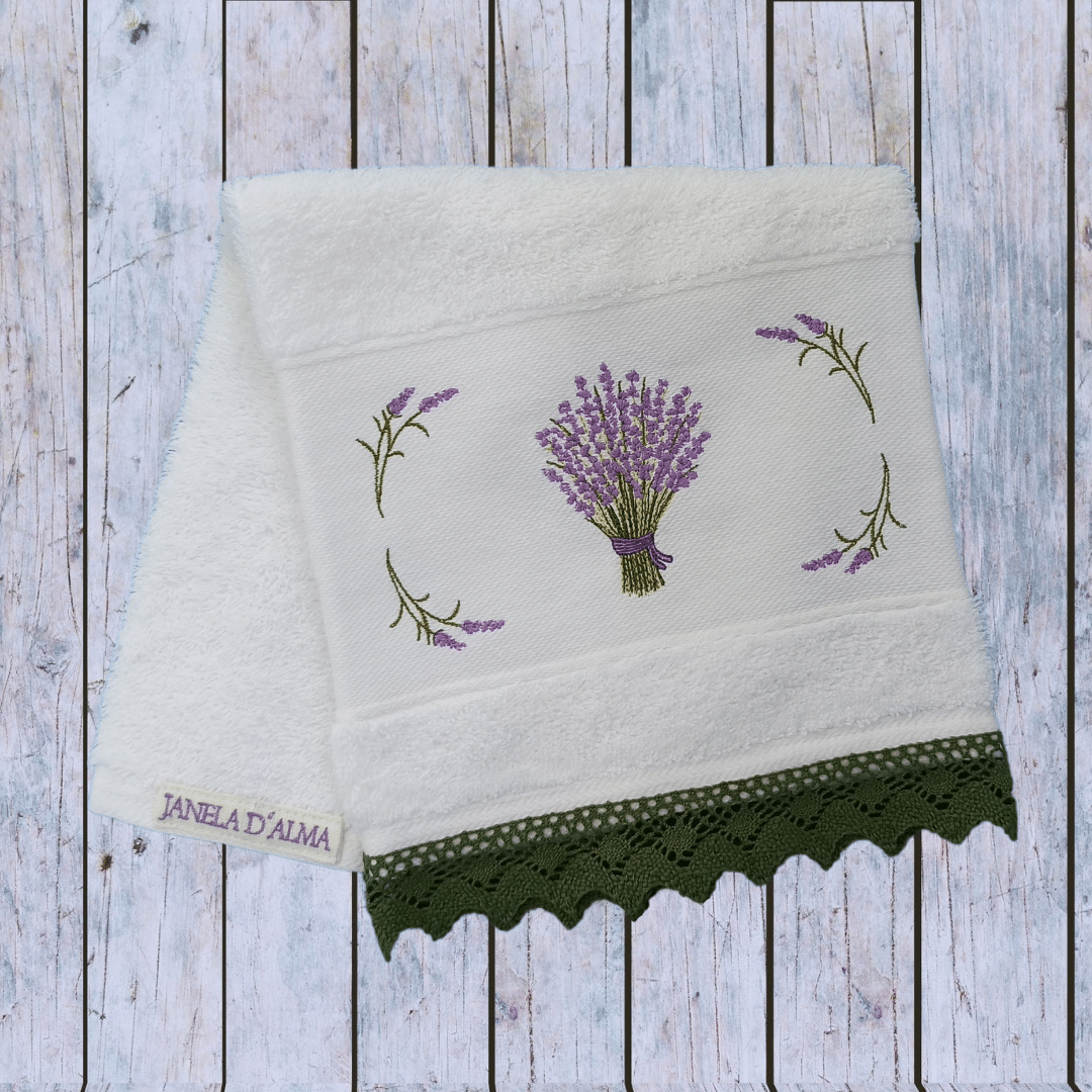White Kitchen Hand Towel Lavander with Lace Strip in Green Color 2