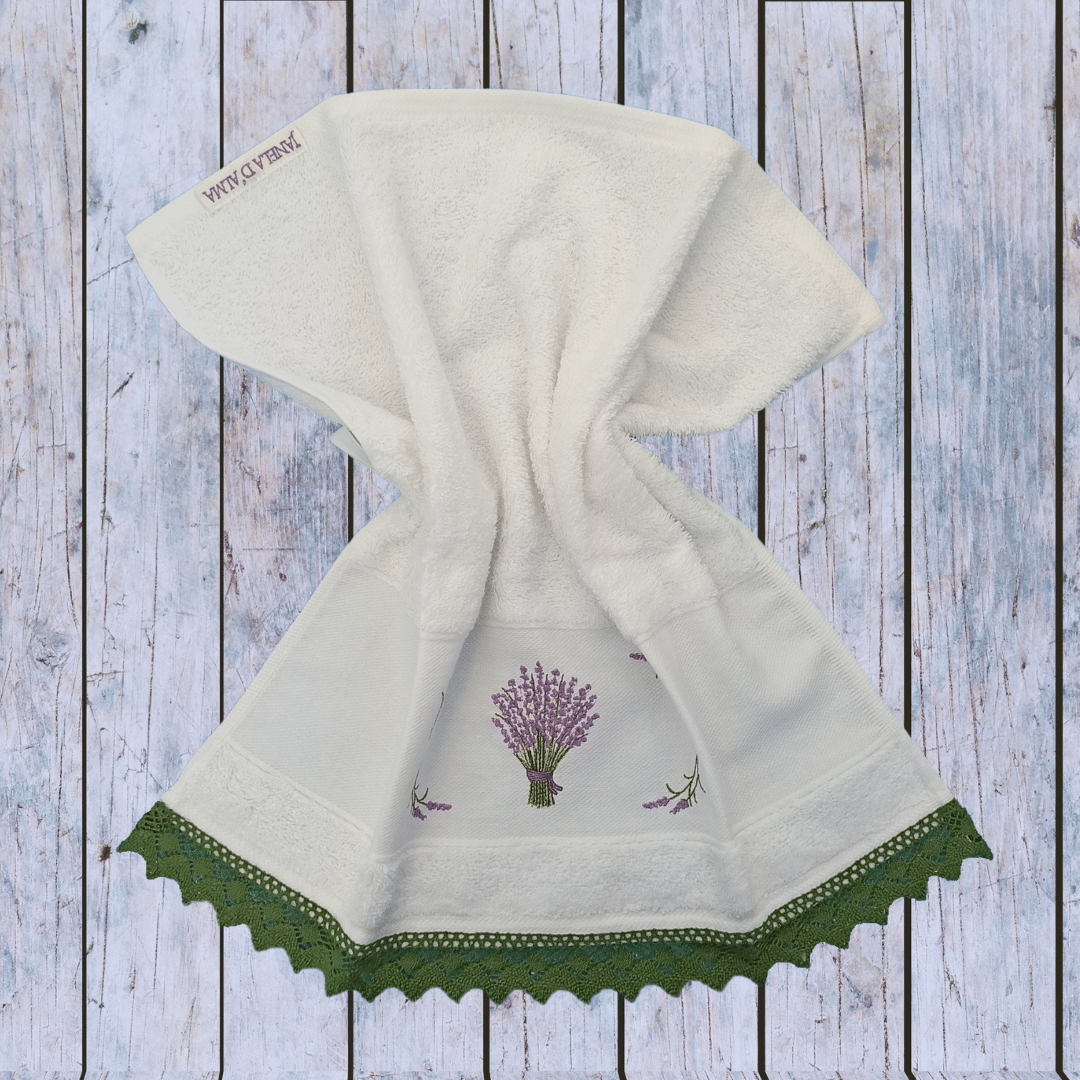 White Kitchen Hand Towel Lavander with Lace Strip in Green Color 3