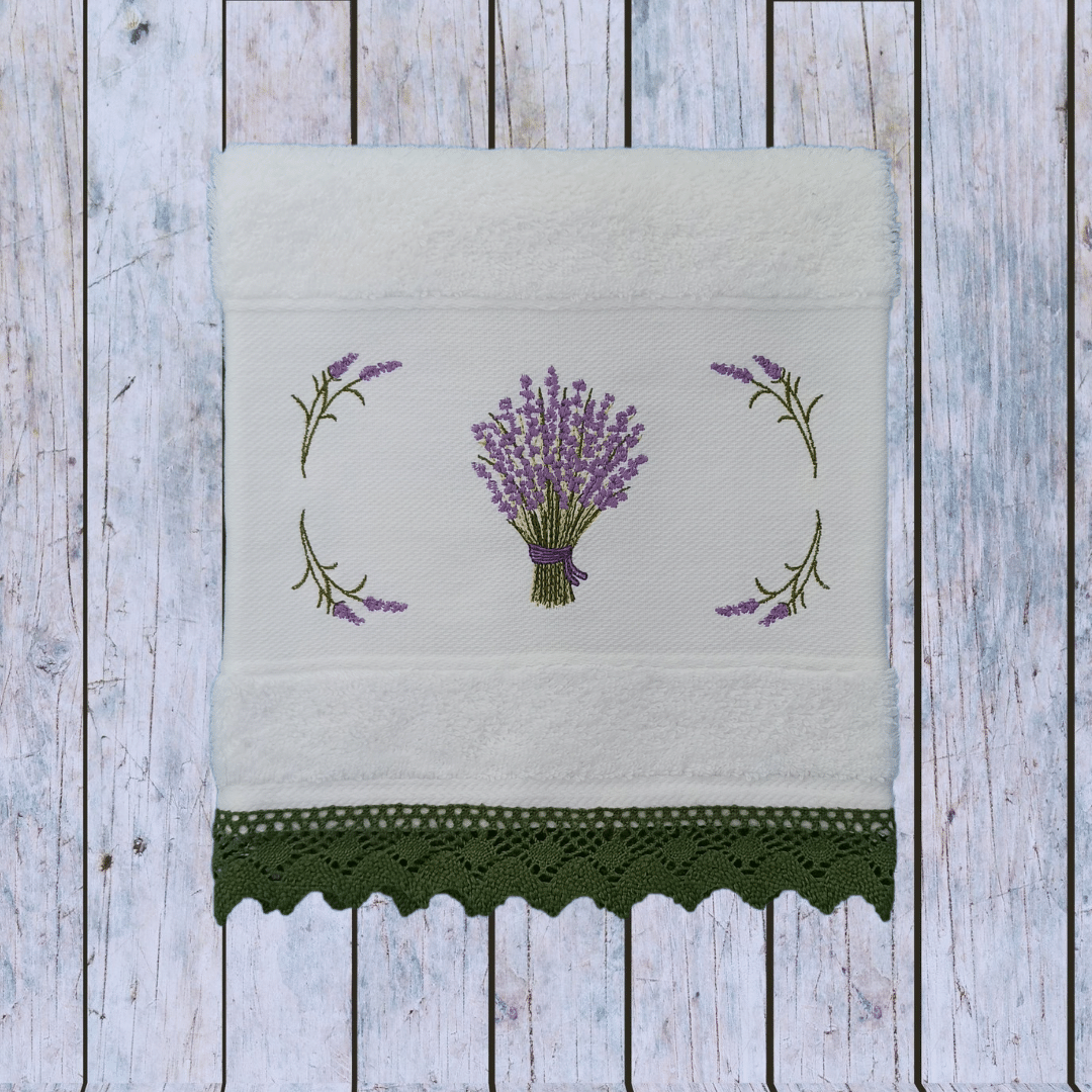 White Kitchen Hand Towel Lavander with Lace Strip in Green Color