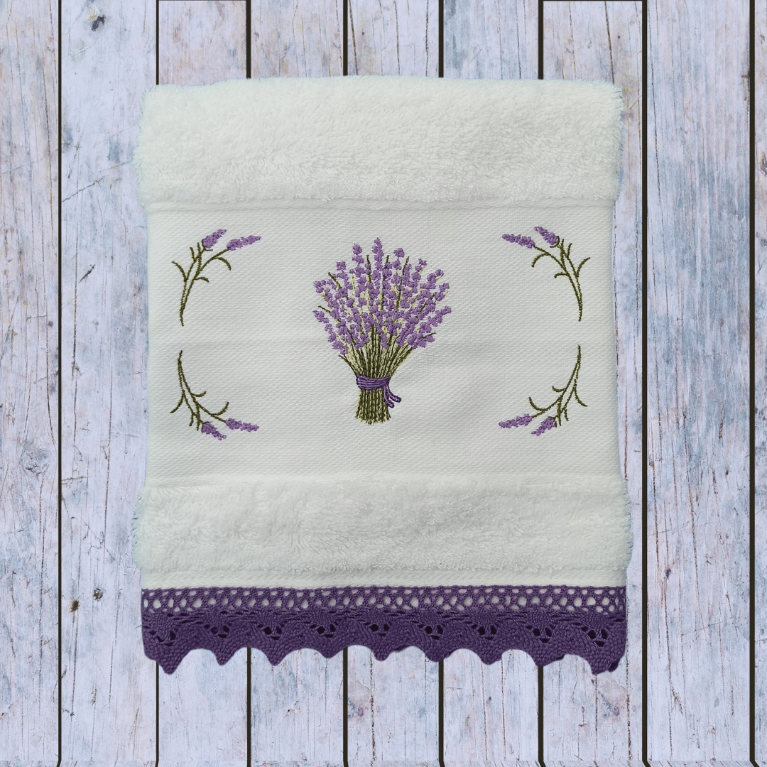 White Kitchen Hand Towel Lavander with Lace Strip in Lilac Color