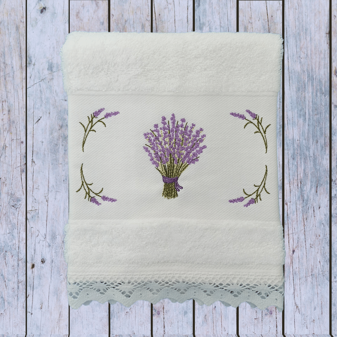 White Kitchen Hand Towel Lavander with Lace Strip in White Color