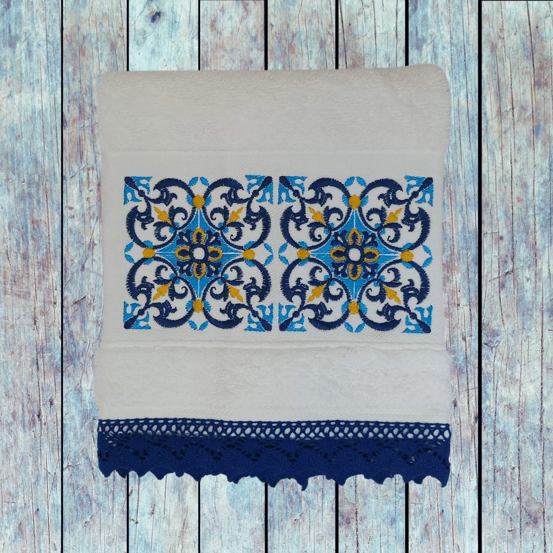 White Kitchen Hand Towel Tile with Lace Strip in Dark Blue Color
