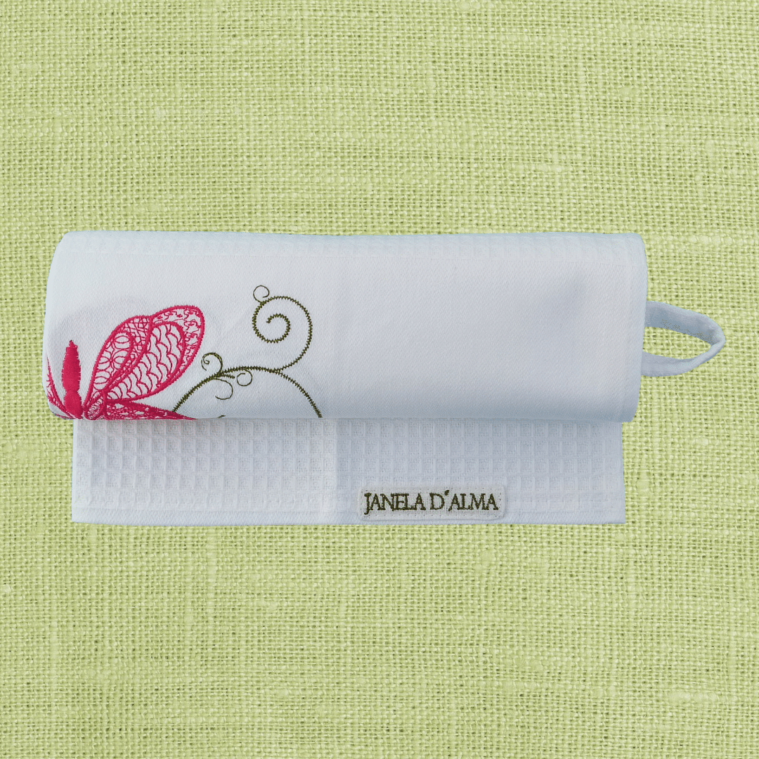 White Kitchen Tea Towel Butterfly - Ring to Hang