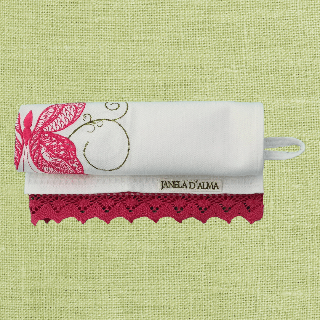 White Kitchen Tea Towel Butterfly with Lace Strip - Ring To Hang
