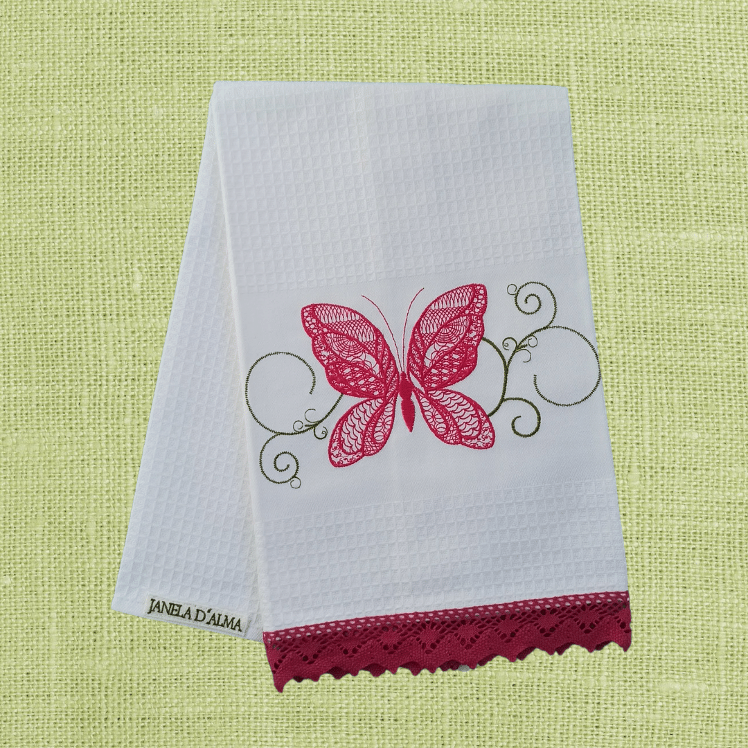 White Kitchen Tea Towel Butterfly with Lace Strip in Bright Pink Color 2