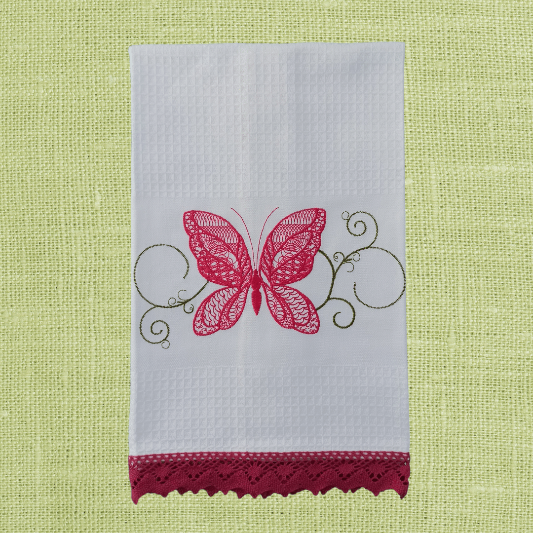 White Kitchen Tea Towel Butterfly with Lace Strip in Bright Color