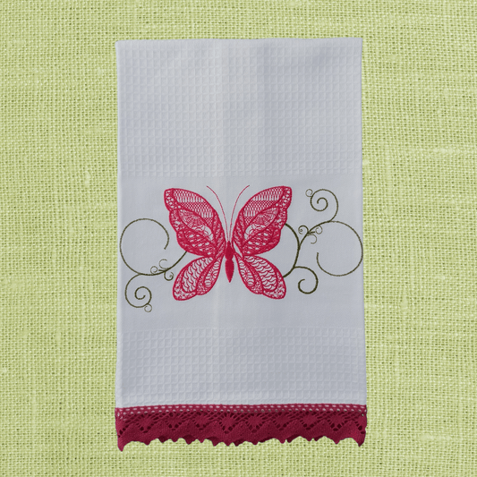 White Kitchen Tea Towel Butterfly with Lace Strip in Bright Color